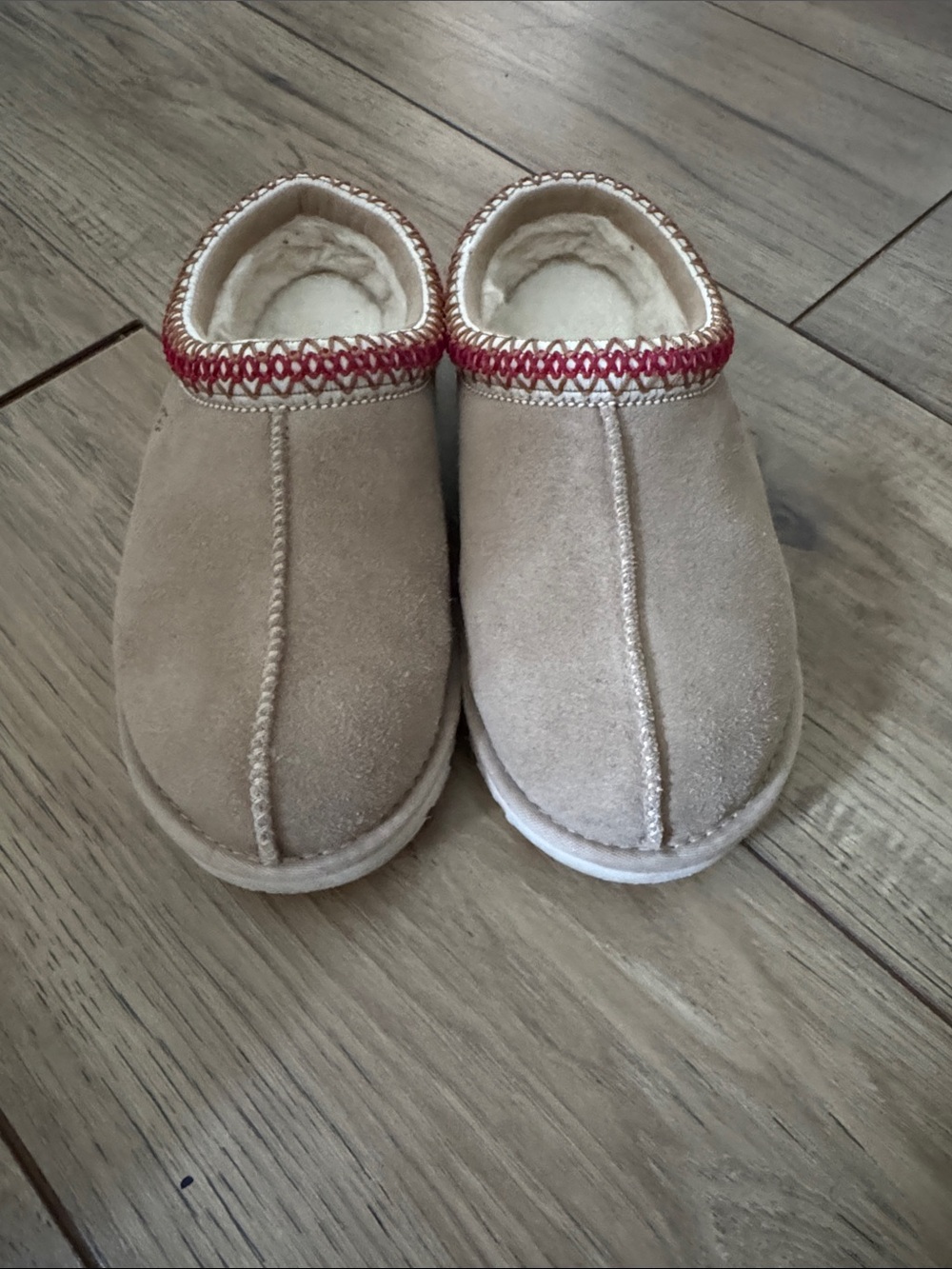 Uggs Tan Suede Slip-On Slippers with Pink Trim